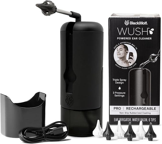 Wush Pro By Black Wolf- Deluxe Water Powered Ear Cleaner- Safe & Effective- Electric Triple Jet Stream 3 Pressure Settings For Ear Wax Buildup- Ear Wax Removal Kit- Water Resistant USB Rechargeable