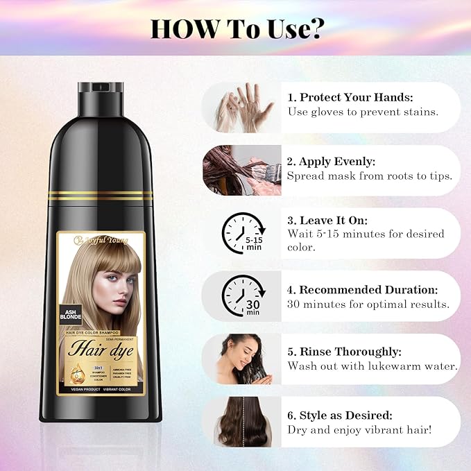 Natural Hair Dye Shampoo 3 IN 1, Gray Hair Coverage, Vegan, Ammonia-Free & Paraben-Free Hair Coloring Shampoo for Women & Men, Beard Dye for Men, Nourishing Gentle (ASH BLONDE)