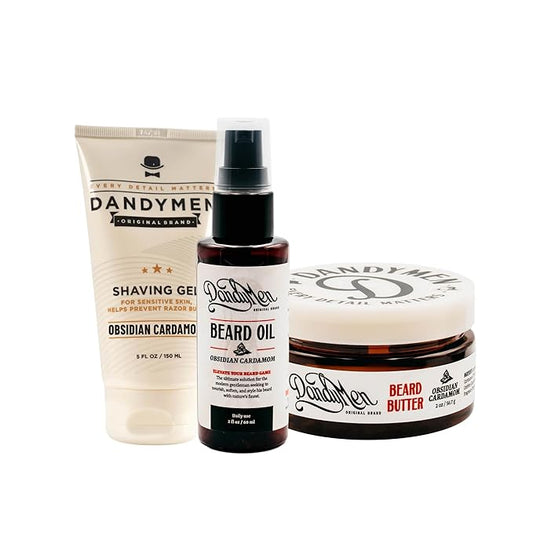 Beard Grooming Set – Beard Oil, Beard Butter & Shaving Gel – Hydrate, Soften & Style (3-pack, Obsidian Cardamom)