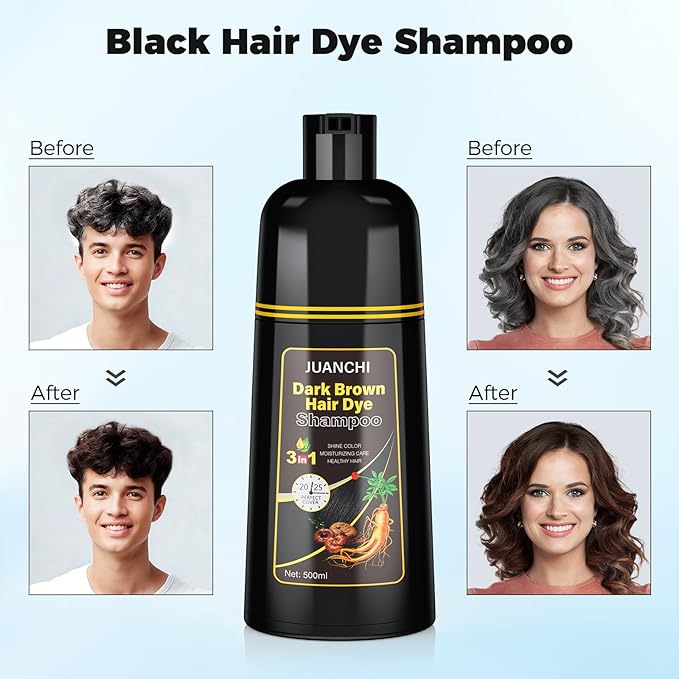 JUANCHI Dark Brown Hair Dye Shampoo 3 in1, Dark Brown Shampoo Hair Dye for Gray Coverage, Natural Hair Color for Women Men, Herbal Formula, Ammonia-free, Lasts 30 Days, 500ml (16.90 oz)
