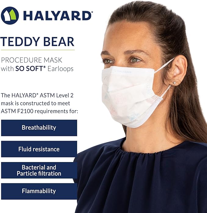 HALYARD Disposable Child's Face Mask with SO SOFT Earloops, Pleat-Style, Teddy Bear, 47359