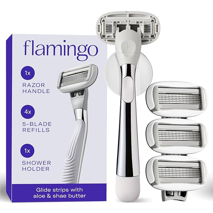 Flamingo Shaving Razor Set for Women - Razor Handle, 4 Razor Blade Refills, Shower Holder - Chrome