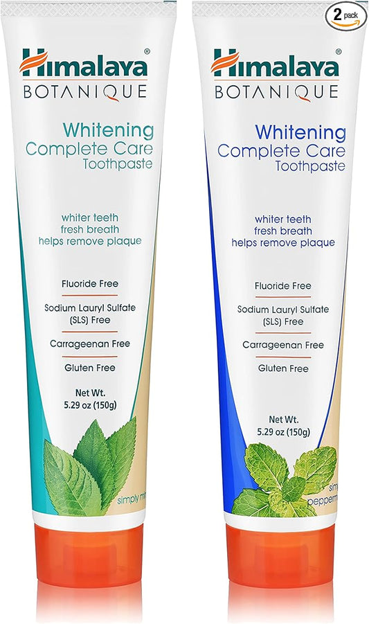 Himalaya Botanique Whitening Complete Care Toothpaste, Mint and Peppermint Flavors - Whitening Toothpaste Without Fluoride for Brighter Teeth & Fresh Breath - Vegan, Gluten Free, 5.29 oz (Pack of 2)