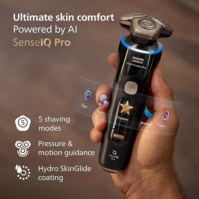 Philips Norelco Shaver i9000 Prestige Ultra, Wet & Dry Electric Shaver, Ink Black, SenseIQ Pro Technology, Triple Lift & Cut System, 360 Rotating NanoTech Precision Blades, 5 Shaving Modes, XP9400/89