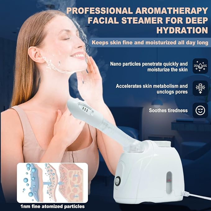 Facial Steamer Nanometer Fine Mist Face Steamer for Facial Deep Cleaning, 360°Can Rotate The Arm，10 Minute Home Facial Spa Mist, Design for Personal Care Use at Home Or Salon Barber