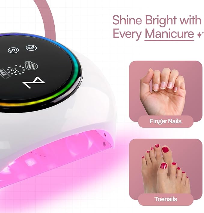 M - HaloLite LED Nail Curing Lamp 98W, 32 LEDs, Wireless Rechargeable with 5200mAh Battery, Fast UV/LED Gel Nail Dryer for Salon & Home Use, Long-Lasting, Portable, Cordless Design (White)