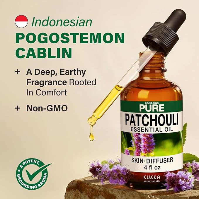 KUKKA Patchouli Essential Oils - 4 Fl Oz - for Hair, Skin, Diffuser, Aromatherapy & DIY Soap Making Scent