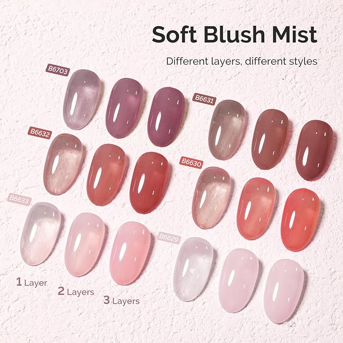 MelodySusie Jelly Gel Nail Polish Set,6 Transparent Colors,Milky or Jelly Texture,Soft Blush Mist Colors Soak Off UV LED Light Cure or Salon Manicure and Nail Art DIY at Home