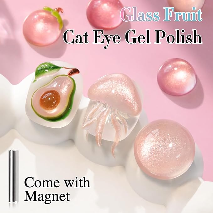 Double Rhythm 0.5 OZ Cat Eye Gel Polish with Magnet 15ML Holographic Glitter Shimmer Translucent Jelly Color Magnetic Nail Polish Salon DIY at Home (Fruit Nude-MC1203)