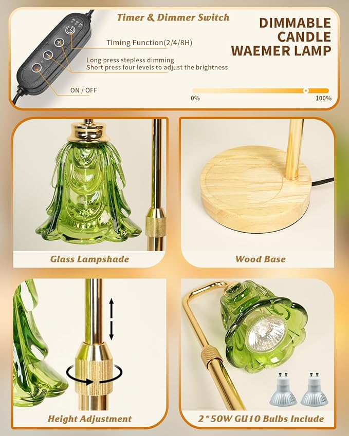 Tulip Candle Warmer Lamp, Adjustable Height, Dimmable Candle Warmer with Timer, Mom Womens Gifts for Birthday, Unique Home Decor Aesthetic (Green)