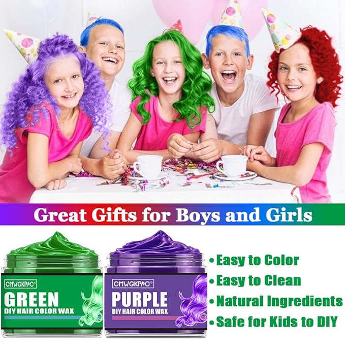 4 Colors Temporary Hair Color for Kids,Christmas Gifts for Teens Girls,Boys,Stocking Stuffers for Kids,Adults,Temporary Hair Dye,Hair Color Spray Green Red Blue Purple Hair Dye Hair Wax Color Instant