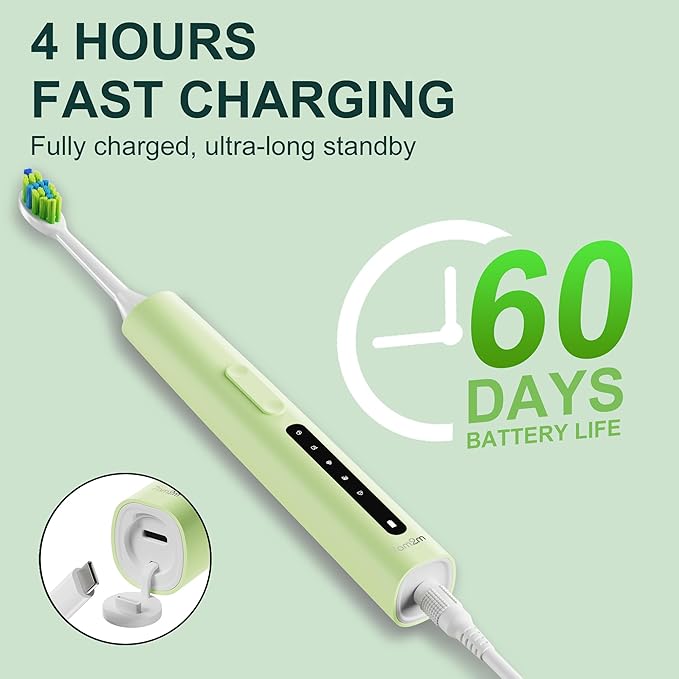7AM2M Sonic Electric Toothbrush for Adults and Kids, 40000VPM Power Toothbrushes, Fast Rechargeable with 4 Brush Heads, 5 Modes, 2 Minutes Built in Smart Timer, One Charge for 60 Days (Green)