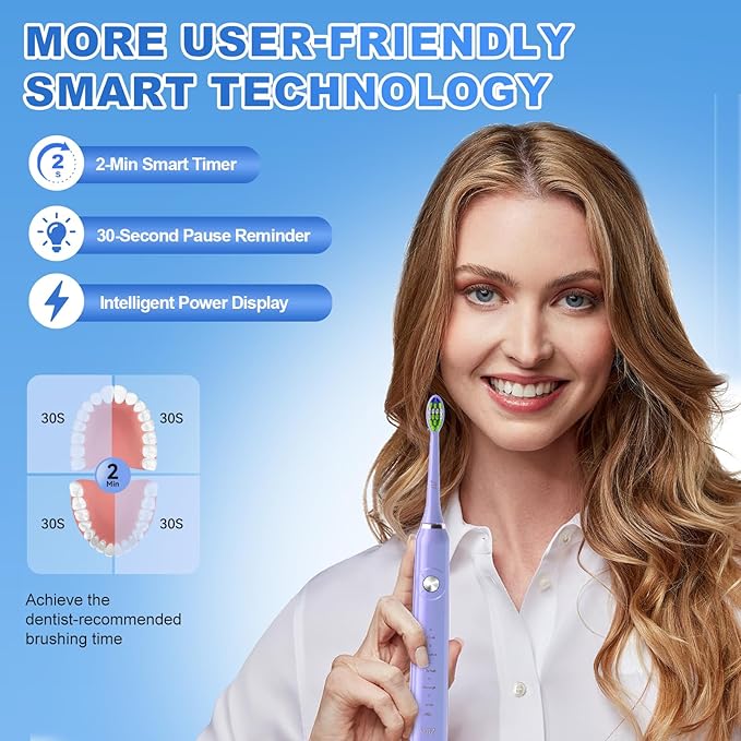 JTF Sonic Electric Toothbrush - with Travel Case and 6 Brush Heads, Fast Charging toothbrushes for 60 Days Long Lasting, 5 Modes Power Toothbrush for Women