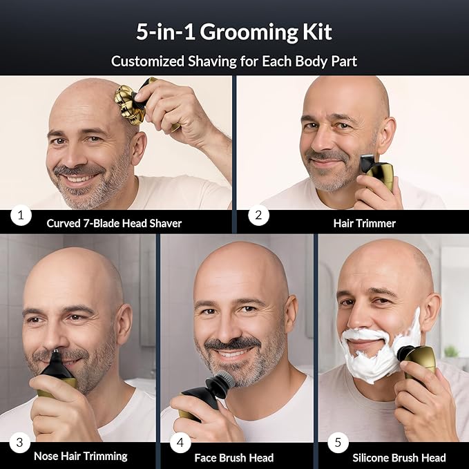 Head Shavers for Bald Men - 7D Arc Electric Razor with Magnetic Detachable Head, Waterproof Wet Dry 5-in-1 Electric Shaving & Grooming Kit, LED Display Rechargeable Head & Body Hair Shaver, Gold