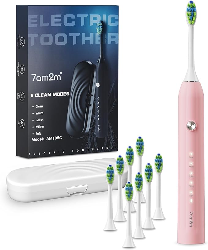 7AM2M Sonic Electric Toothbrush for Adults and Kids, with 8 Brush Heads and Travel Case,5 Modes with 2 Minutes Built in Smart Timer, One Charge Use for 90 Days, Rechargeable Toothbrushes(Pink)