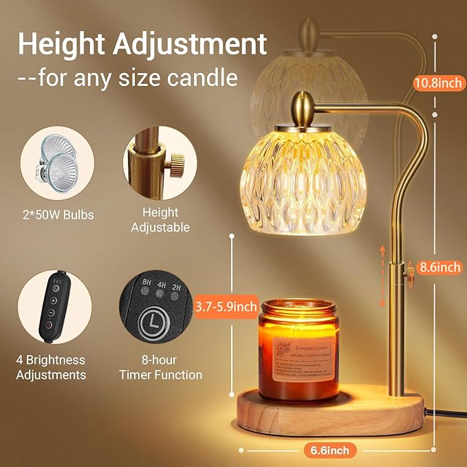 Candle Warmer, Candle Warmer Lamp with Timer & Dimmer Height Adjustable Scented Candles, with 2 * 50W Bulbs for Home Decor Mothers Day(Gold)