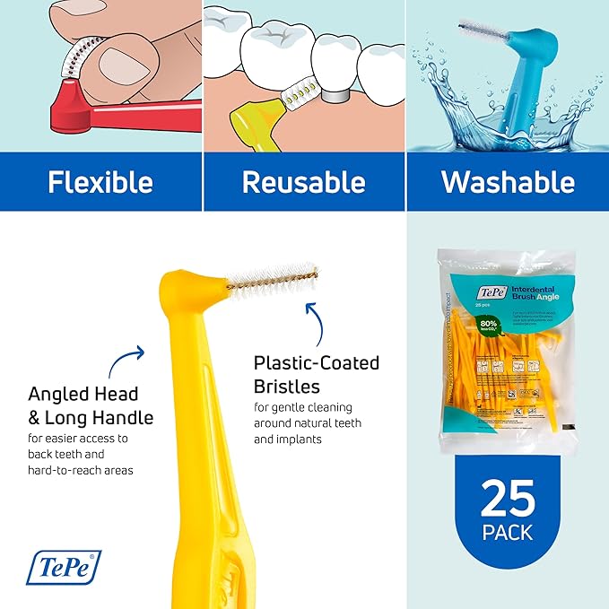 TePe Interdental Brush Angle, Angled Dental Brush for Teeth Cleaning, Pack of 25, 0.7 mm, Medium Gaps, Yellow, Size 4