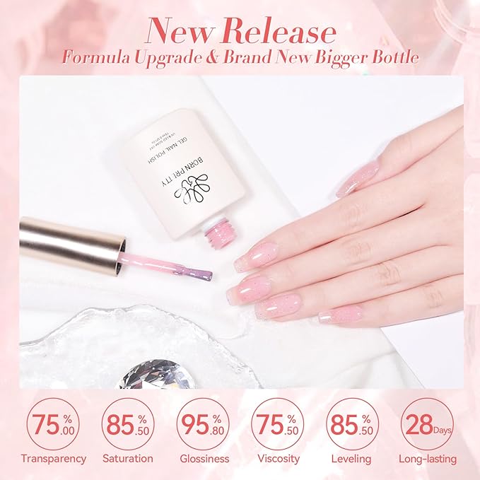 Born Pretty Jelly Gel Nail Polish Jelly Glitter Pink Gel Polish Holographic Shimmer Pink Natural Translucent Soak Off Hema-Free Gel Polish Nail Art DIY 15ML