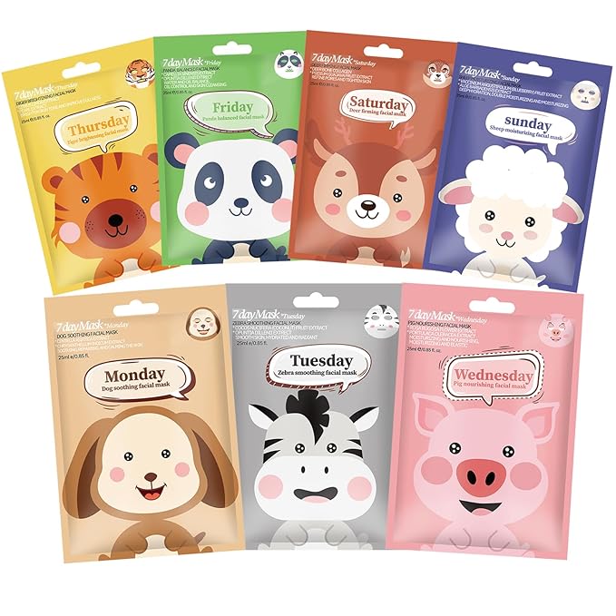 Kids Face Mask Spa, Animal Face Masks for Kids Teens Women Skincare, Animal Character Sheet Facial Mask for All Skin Types, Girls Night Party Skin Care Set, Birthday Christmas Gifts（7PCS）