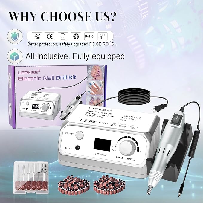 Professional Nail Drill 35000RPM Drill Nail Electric Nail File Dril Nails with 100pcs Sanding Bands and Nail Drill Bits for Acrylic, Gel Nail Manicure & Pedicure
