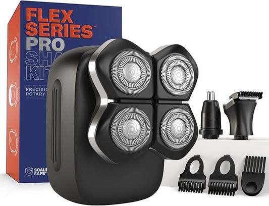Freebird FlexSeries Pro Electric Head & Body Shaver - Mens Cordless Rechargeable Wet/Dry Skull Bald Head Back & Groin Waterproof Razor with Rotary Blades, Clippers, Nose Trimmer, Brush, Massager