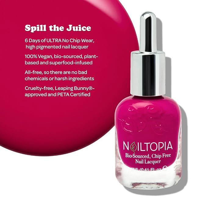 Nailtopia - Plant-Based Chip Free Nail Lacquer - Non Toxic, Bio-Sourced, Long-Lasting, Strengthening Polish - Spill The Juice (Magenta) - 0.41oz