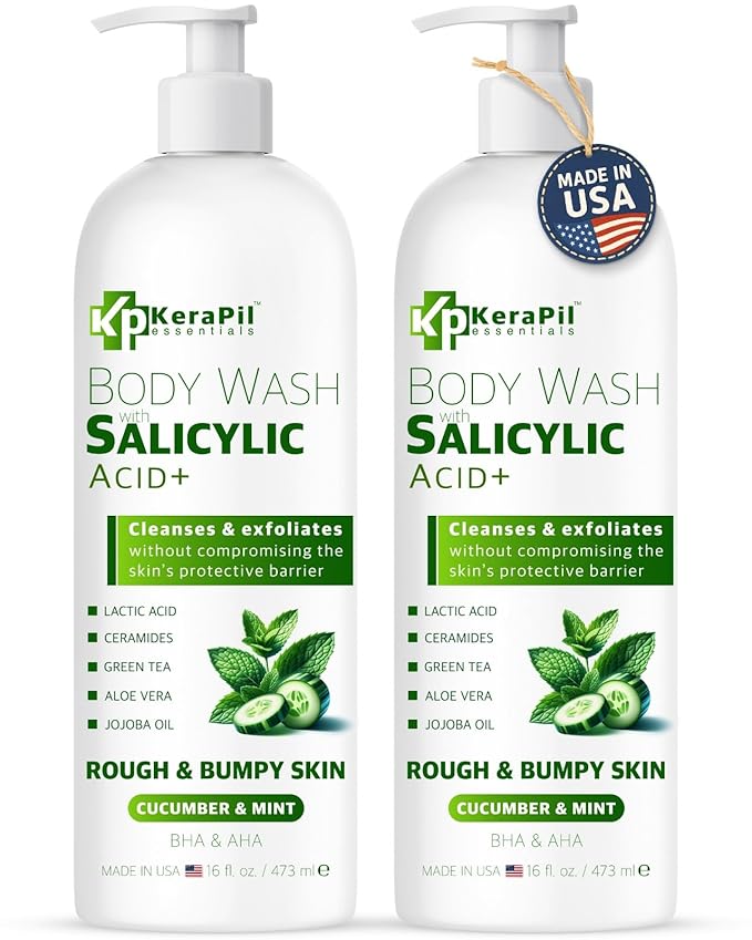 Exfoliating Body Wash with Salicylic Acid - No Dry Out, Gentle Exfoliates Rough and Bumpy Skin, Body Acne Wash, BHA & AHA - Cucumber and Mint Salicylic Acid Body Wash - (16 fl oz x 2)