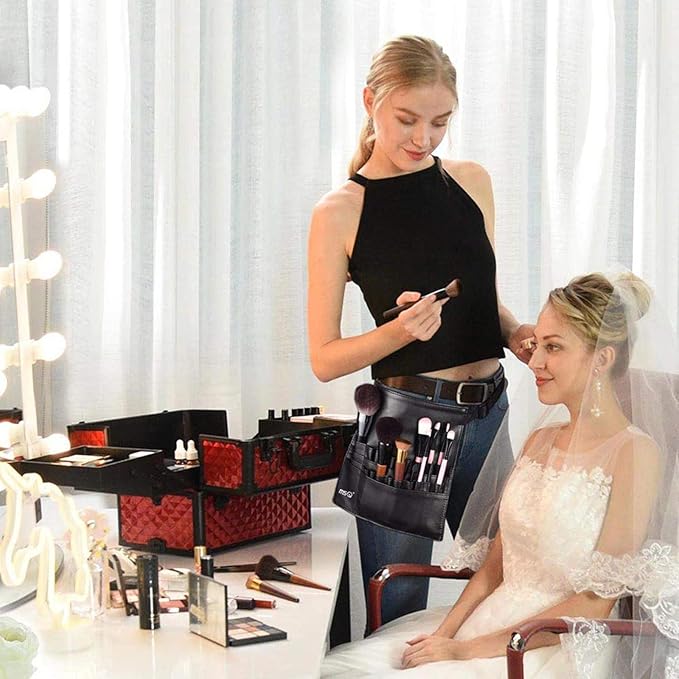 MSQ 23 Pockets Professional Cosmetic Makeup Brush Bag with Adjustable Artist Belt Strap Multi Pockets PU Leather Portable Cosmetic Brush Holder Organizer (Brush Not Included)