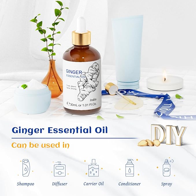 HIQILI 1 Fl Oz Ginger Oil, 100% Pure Natural Ginger Essential Oil for Hair, Massage, Skin - 30ml