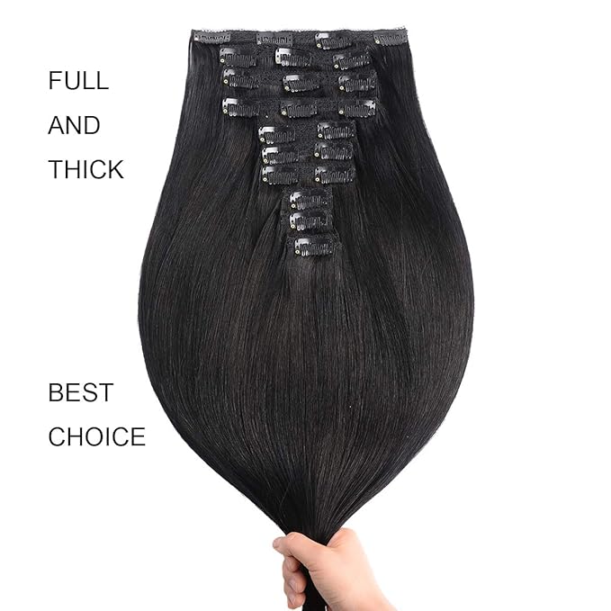 22" Clip in Human Hair Extensions Full Head 200g 10 Pieces 22 Clips 1# Jet Black Double Weft Brazilian Real Remy Hair Extensions Thick Straight Silky (22",200g Jet Black)