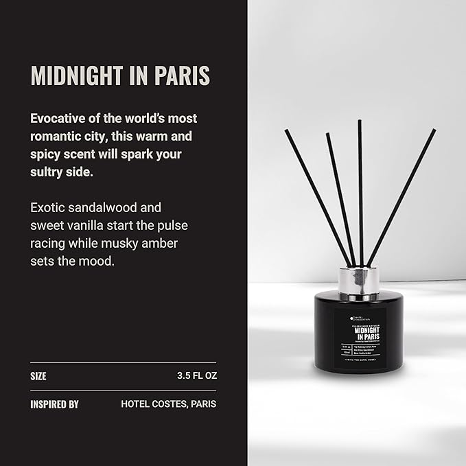 Hotel Collection | Midnight in Paris Reed Diffuser Oil Blend | Luxury Essential Aromatherapy Reed Diffuser | 4 Months Longevity | Sandalwood, Vanilla and Amber | 100mL