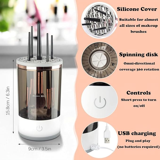 Electric Makeup Brush Cleaner Efficient Deep Cleaning and Drying of Mmake-Up Brushes Portable Automatic USB Cosmetic Brushes Cleaner Tool for All Size Beauty Makeup Brush Set(Grey)