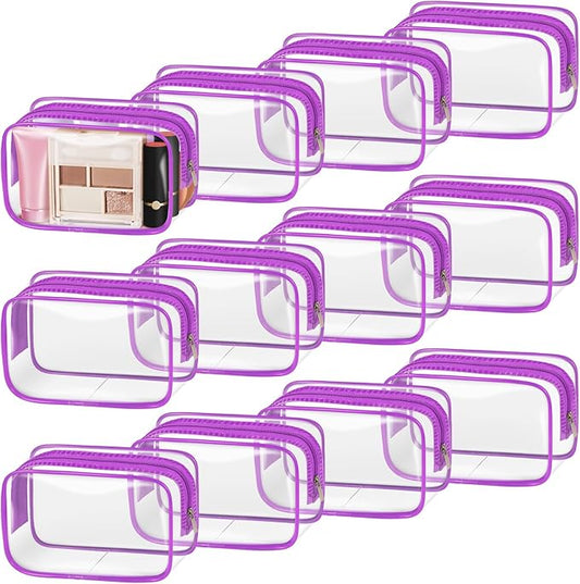 TISRATOK 12 PCS Clear Makeup Bag for Women with Zipper, TSA Approved Toiletry Pouch, Cosmetic Bag Bulk for Travel Organizer Essentials - Purple, Small