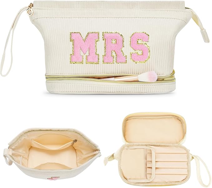 Makeup Bag for Girls Gift, Personalized Christmas Gifts Initial Women Makeup Bag for Travel, Double Layer Cosmetic Bag with Brush Organizer Preppy Make up Bag for Teen Girl Trendy - MRS