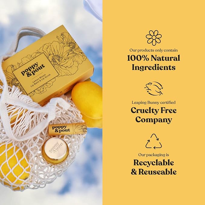 Poppy & Pout Lip Care Set | Lip Balm & Scrub | Sustainable Cardboard Tubes & Glass Jars, All Natural, Beeswax, Coconut Oil, Cruelty Free, Exfoliating & Moisturizing Lip Treatment (Wild Honey)
