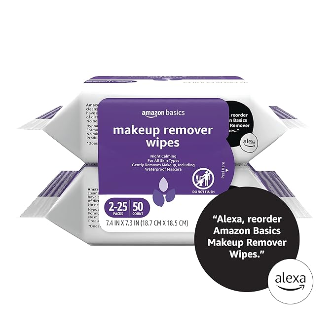 Amazon Basics Makeup Remover Wipes, Gentle Cleansing, Dermatologist Tested, Night Calming, Plant Based, Alcohol-Free, Removes Waterproof Mascara, 25 Count Per Pack, Pack of 2