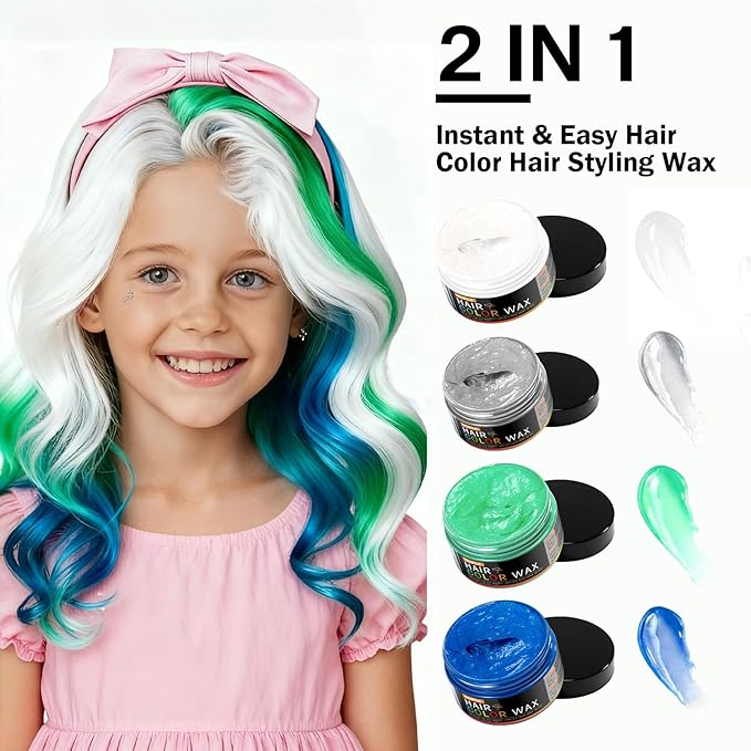 4 Colors Temporary Hair Color Wax for Christmas Party, Stocking Stuffers - DIY Washable Natural Instant Hair Color for Women Temporary Hair Dye for Kids Teens Women Men(White&Gray&Green&Blue 5 pcs)