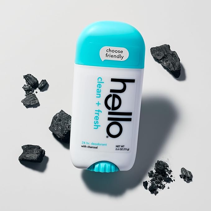 hello Clean and Fresh Aluminum Free Deodorant for Women and Men with Charcoal, 24-Hour Freshness, Baking Soda Free Deodorant, Dermatologically Tested, 2.6 oz Stick (2 Pack)