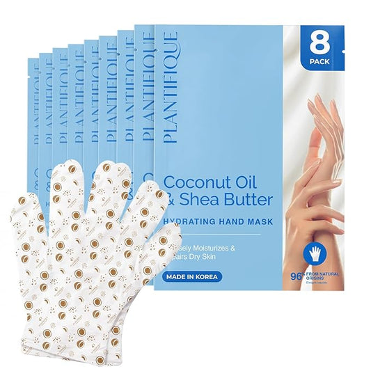 PLANTIFIQUE Hand Mask for Dry Hands – 8 Pairs Moisturizing Gloves with Shea Butter | Hyaluronic Acid & Macadamia | Korean Skincare | Vegan Spa Hand