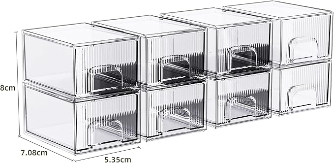 ZJIAI 8 Pack Clear Stackable Storage Drawer, Acrylic Drawer, Cosmetic Organizer, Plastic Organizer for Dresser, Under, Kitchen Cabinet, Pantry, Home Organization and Storage
