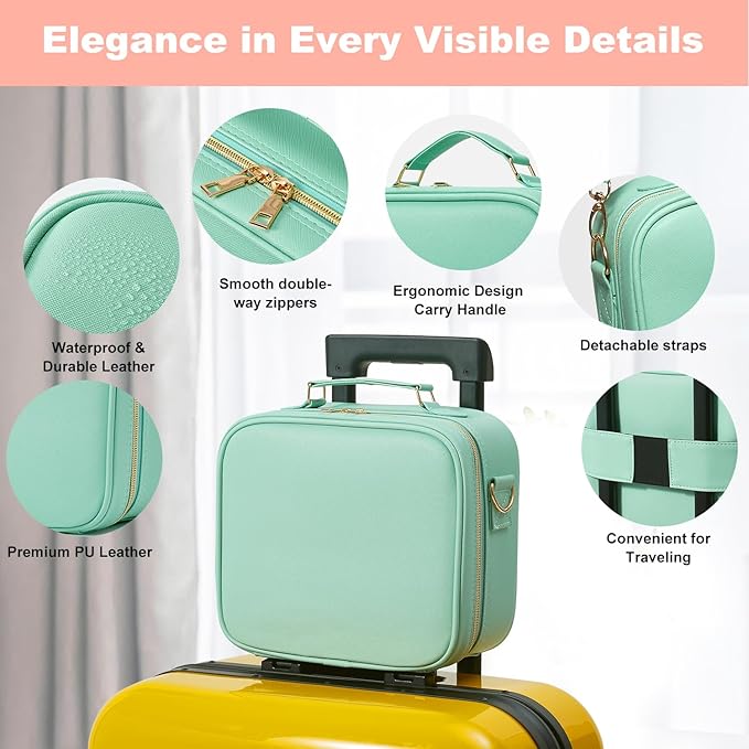 Mocado Travel Makeup Bag with LED Lighted Mirror, Travel Makeup Organizer, Makeup Case with 3 Color Lighted Setting and 10x Magnifying Mirror, Portable Storage and Adjustable Dividers (Powdery Green)