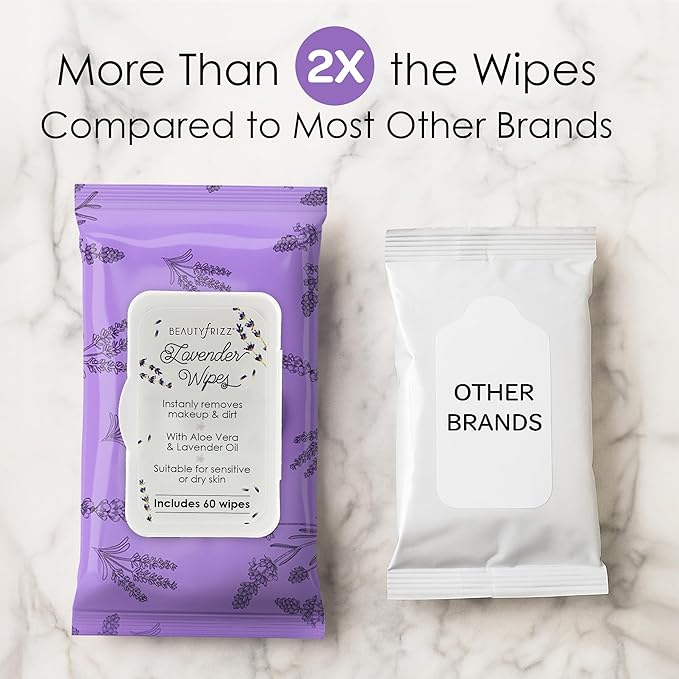 BeautyFrizz Lavender Face Wipes - 120 pcs - Gentle Makeup Remover Wipes for Women - Facial Cleansing Wipe with Aloe, Castor, Vitamin A and E - Extra Soft - Moisturizing
