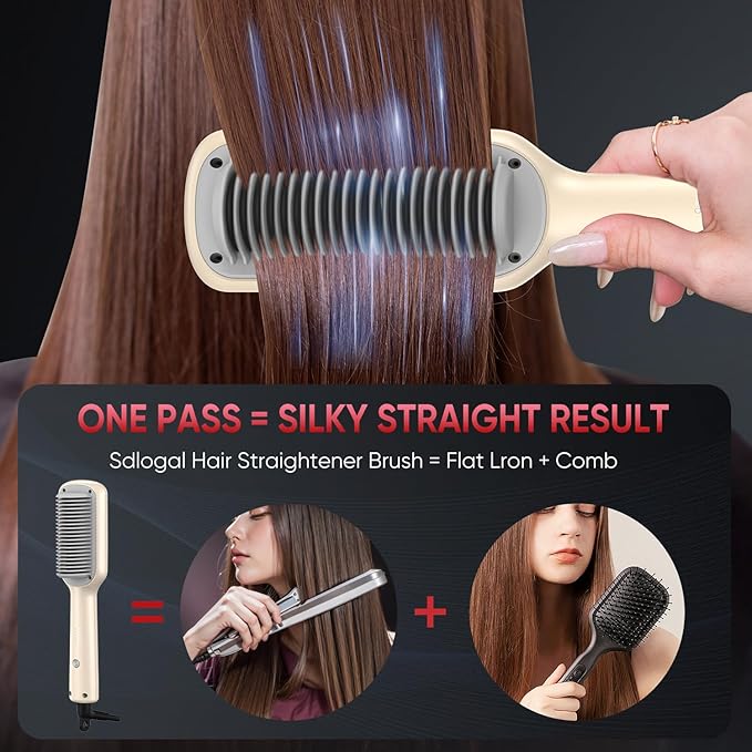 SDLOGAL Hair Straightener Brush, Hair Straightener Comb Straightening Brush for Women, with 5 Temps & Fast Heating, Easy and Fast Salon-Style, Plus Dual Voltage Travel Friendly-(Beige)