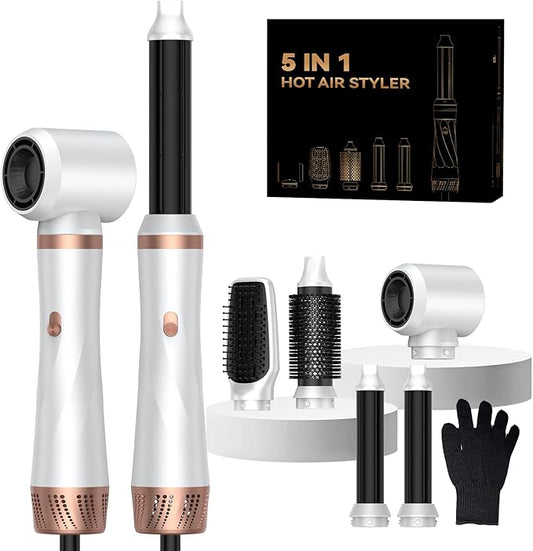 Hair Dryer Brush 5 in 1, Blow Dryer Brush Set with Air Curler Wrap Hair Styler, Negative Ionic Blow Dry Brush, Detachable Hair Tool for Curling, Volumizer,Straightener,Drying