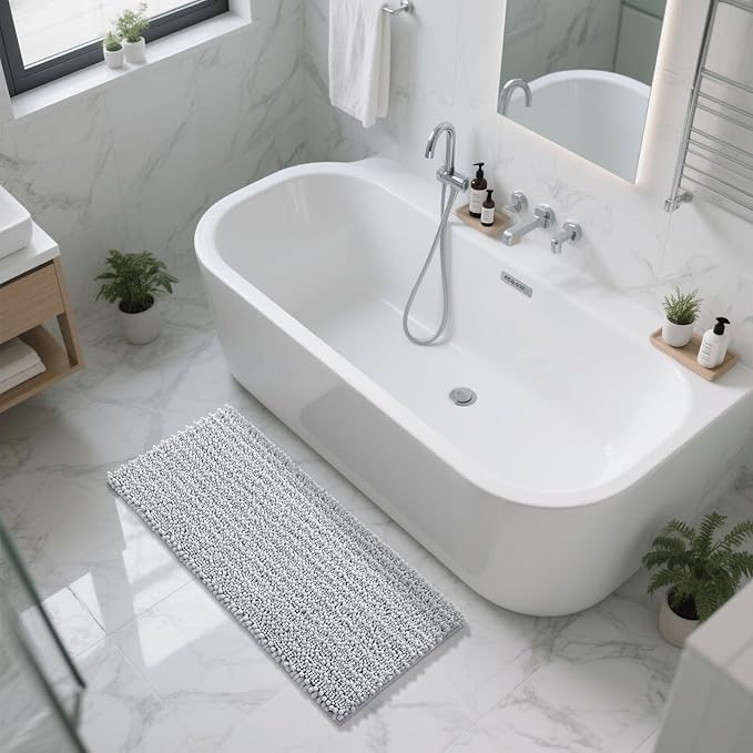 Yimobra Long Bathroom Rugs Non Slip Washable 44x24 Inch - Ultra Soft Absorbent Chenille Bath Mat, Quick Dry Shaggy Floor Carpet for Tub Shower, Silver Home Decor Accessories