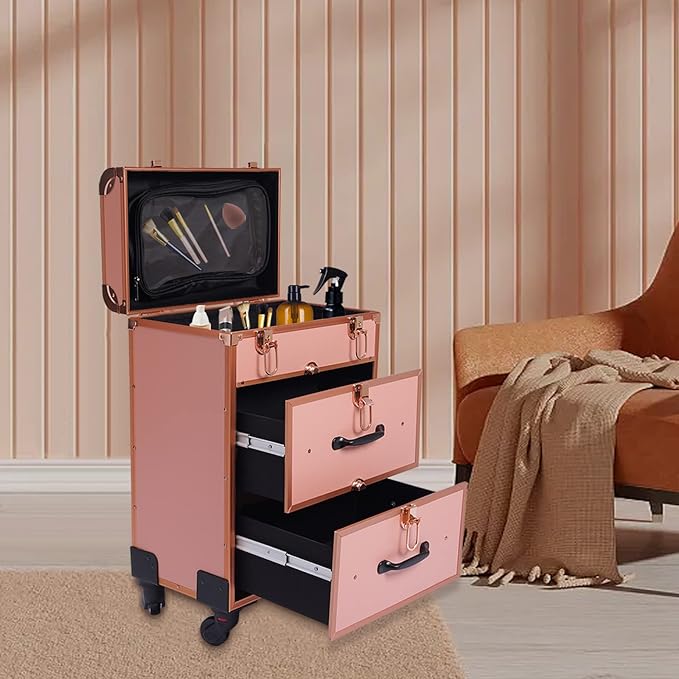 Cosmetic Train Case,Makeup Organizer Travel Case with Multiple Compartments,Rolling Makeup Case,Professional Makeup Case with Wheels for Make-up Artists,110.23Lbs Load-Bearing