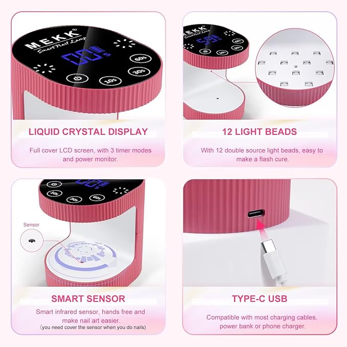 MEKK Cordless Mini UV Light for Gel Nails - 24W Rechargeable Mini UV LED Nail Lamp with Touch Control & Auto Sensor,Small Flash Cure Lamp,4 Timers,Portable Nail Light for Salon & Home-Rose Pink