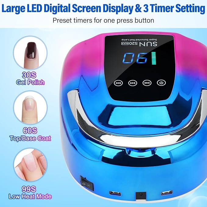 UV LED Nail Lamp Dryers Cordless 128W Portable Rechargeable UV Light for Gel Nails Polish Kit,Fast Curing Wireless Builder Gel Lamp with Sensor 3 Timer LCD Display 48 LED,Manicure Pedicure Art Tools