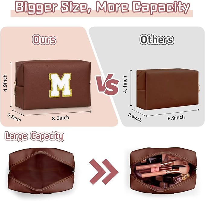 TOPEAST Preppy Makeup Bag, Personalized Initial Bags with Zipper, Cute Makeup Pouch, PU Leather Waterproof Cosmetic Bag, Birthday Gift for Daughter, Preppy Things for Girls (Brown A)