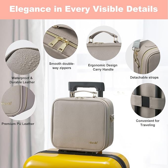 Mocado Travel Makeup Bag with LED Lighted Mirror,Travel Makeup Organizer,Makeup Case with 3 Color Lighted Setting and 10x Magnifying Mirror,Portable Storage and Adjustable Dividers Makeup Box(Grey)